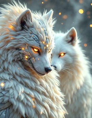 The primary subject of the image is a white wolf with glowing eyes, standing next to another white wolf. The setting is a dark background, which contrasts with the bright eyes of the wolves. The visual style is a combination of photo and digital art, creating a unique and captivating scene. The colors and mood of the image are predominantly dark, with the glowing eyes of the wolves being the main source of light and interest.